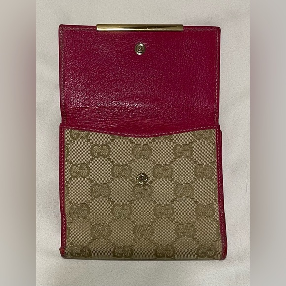 Gucci Authentic Vintage Mono Fabric Compact Wallet, Pink Leather Trim & Interior - Picture 4 of 14